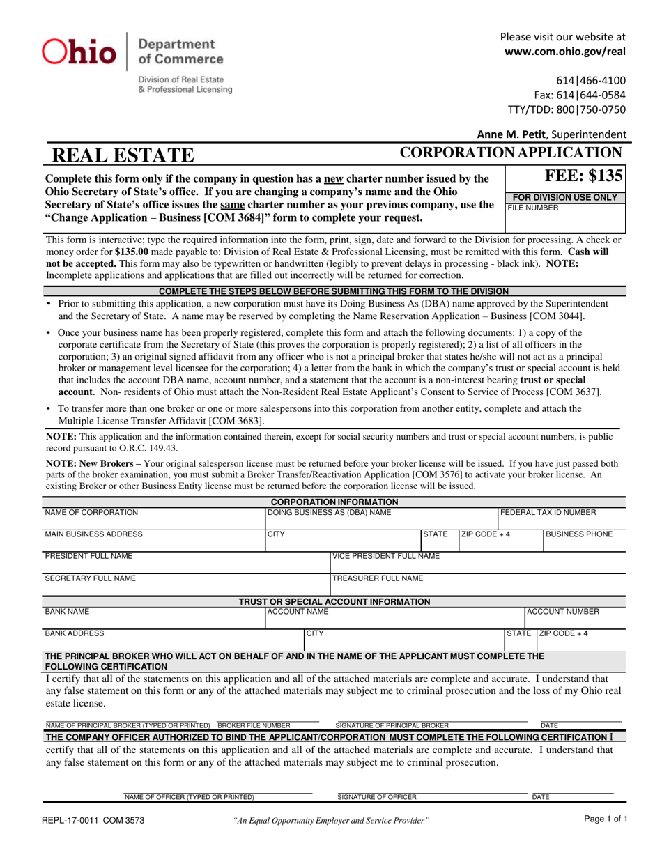 Form COM3573 (REPL-17-0011) Corporation Application - Ohio, Page 1