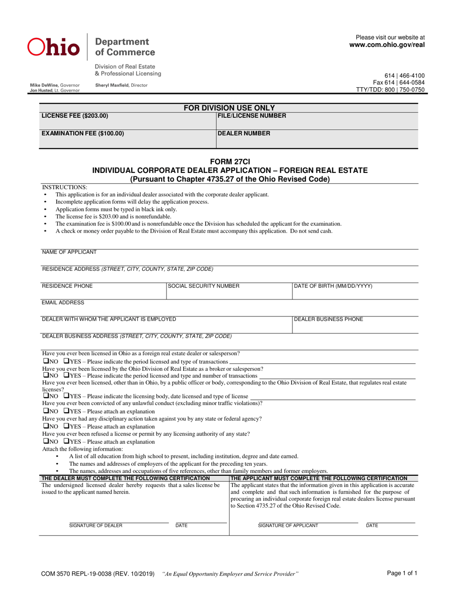 Form 27CI (COM3570; REPL-19-0038) Foreign Individual Corporate Dealer Application - Ohio, Page 1