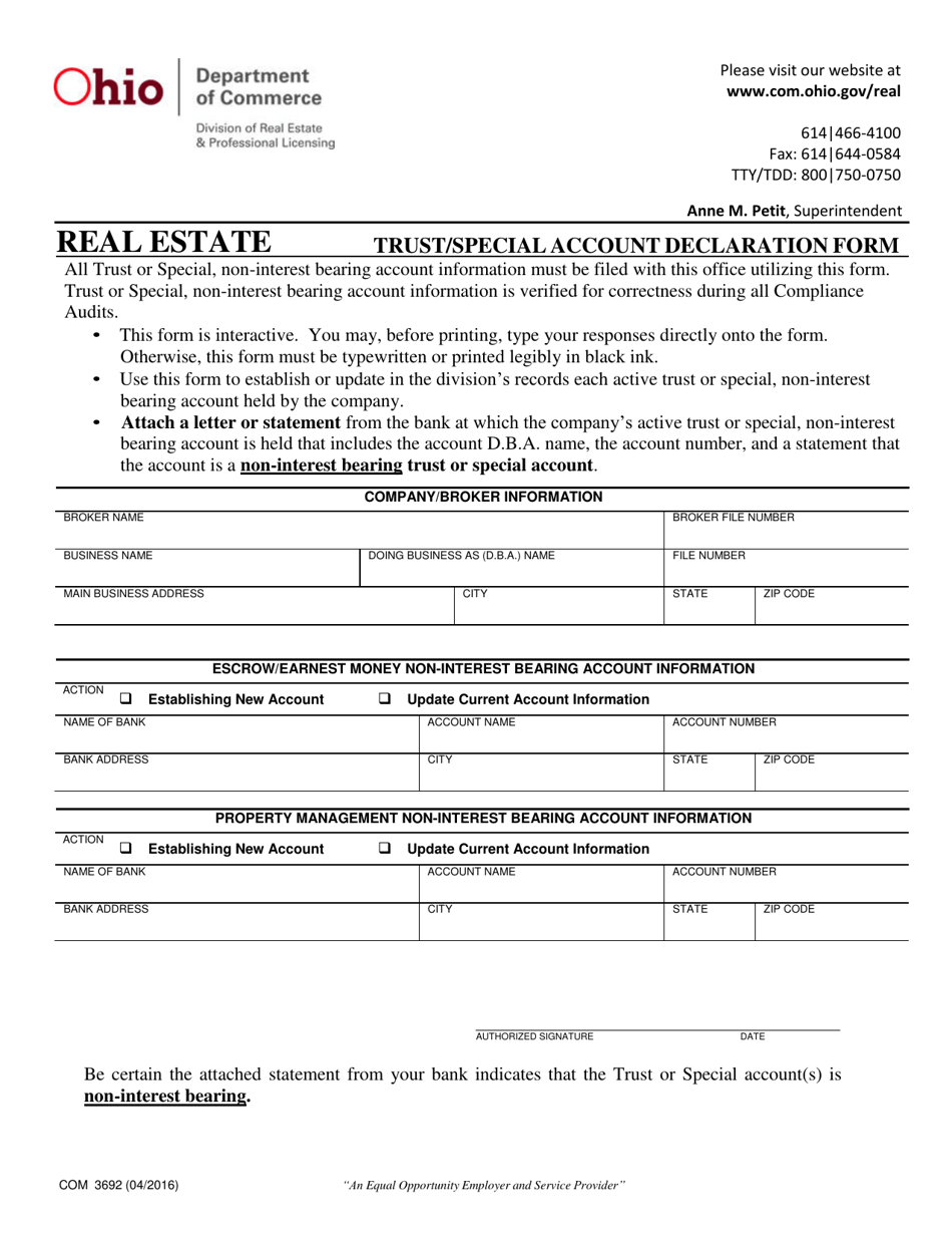 Form COM3692 Trust / Special Account Declaration Form - Ohio, Page 1
