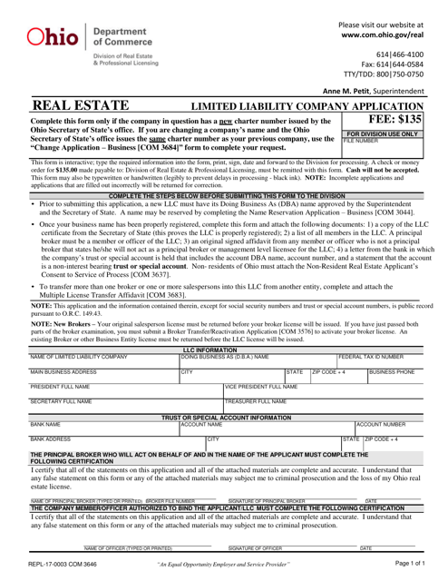 Form COM3646 (REPL-17-0003) Limited Liability Company Application - Ohio