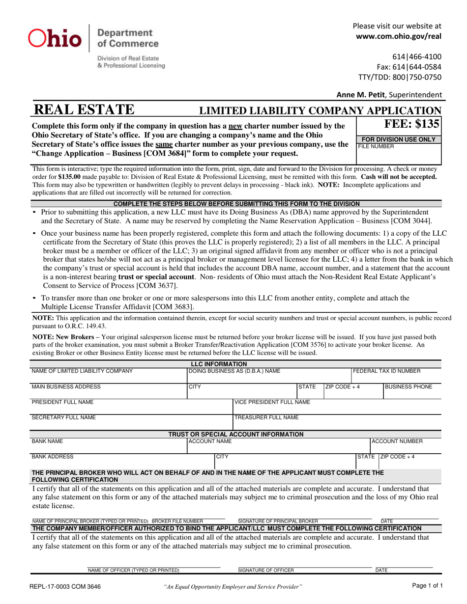 Form COM3646 (REPL-17-0003) Limited Liability Company Application - Ohio, Page 1