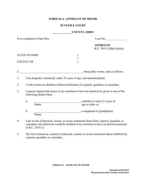 Form 24-A Affidavit of Minor - Ohio