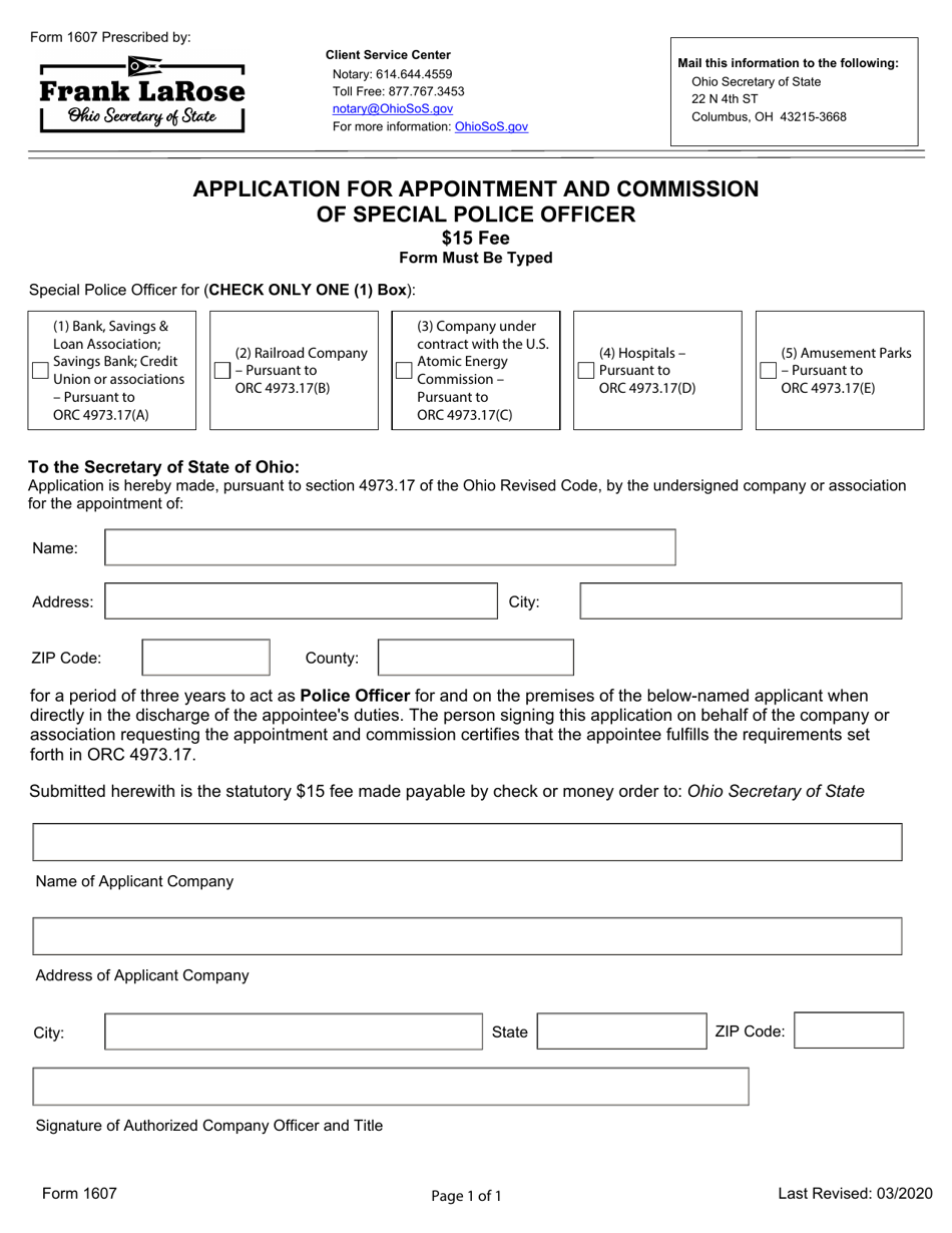 Form 1607 Application for Appointment and Commission of Special Police Officer - Ohio, Page 1