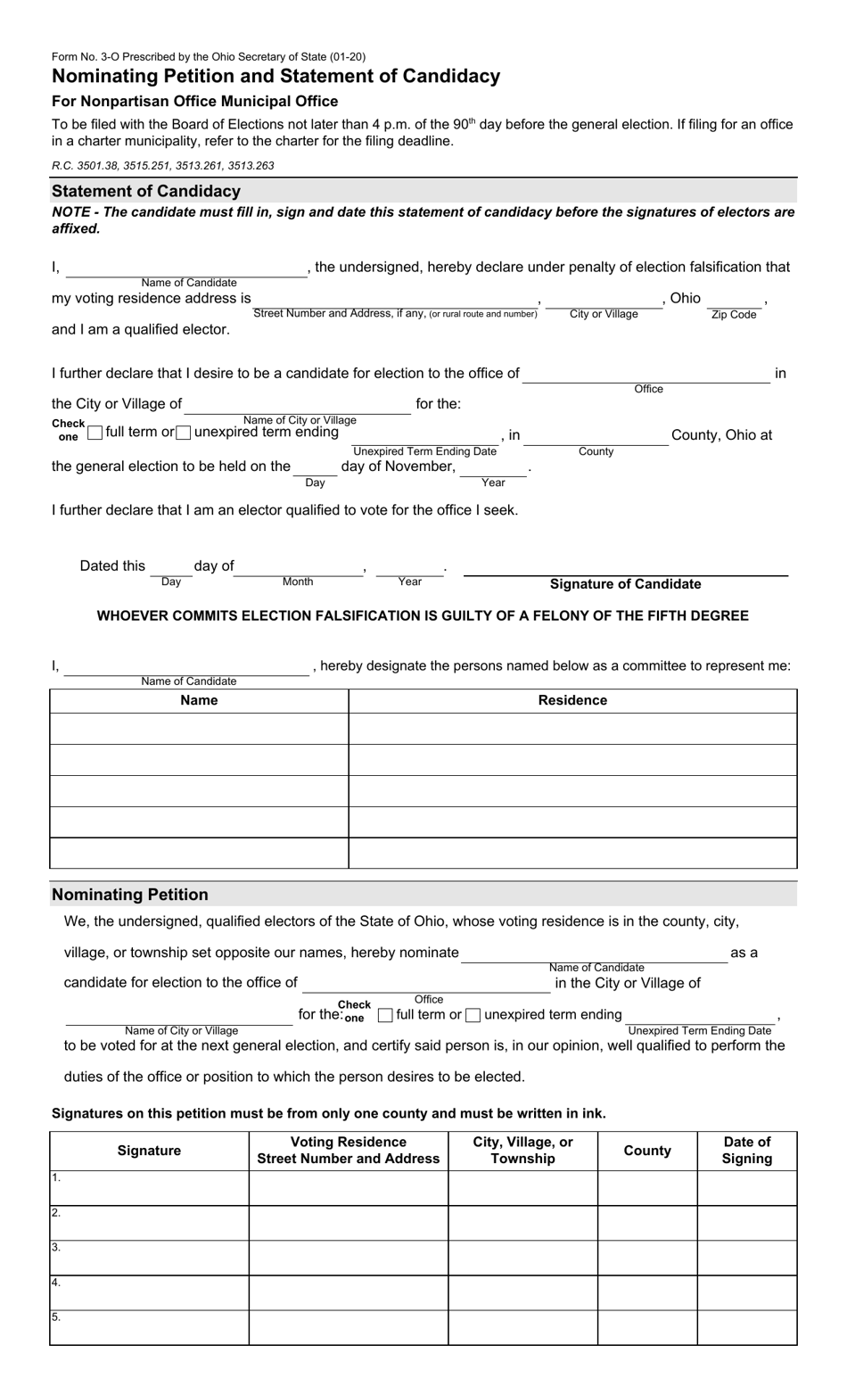 Form 3-O Nominating Petition and Statement of Candidacy for Nonpartisan Office Munucipial Office - Ohio, Page 1