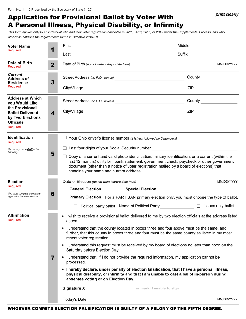 Form 11-I-2 Application for Provisional Ballot by Voter With a Personal Illness, Physical Disability, or Infirmity - Ohio, Page 1