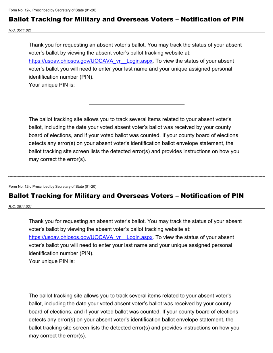 Form 12-J Ballot Tracking for Military and Overseas Voters - Notification of Pin - Ohio, Page 1