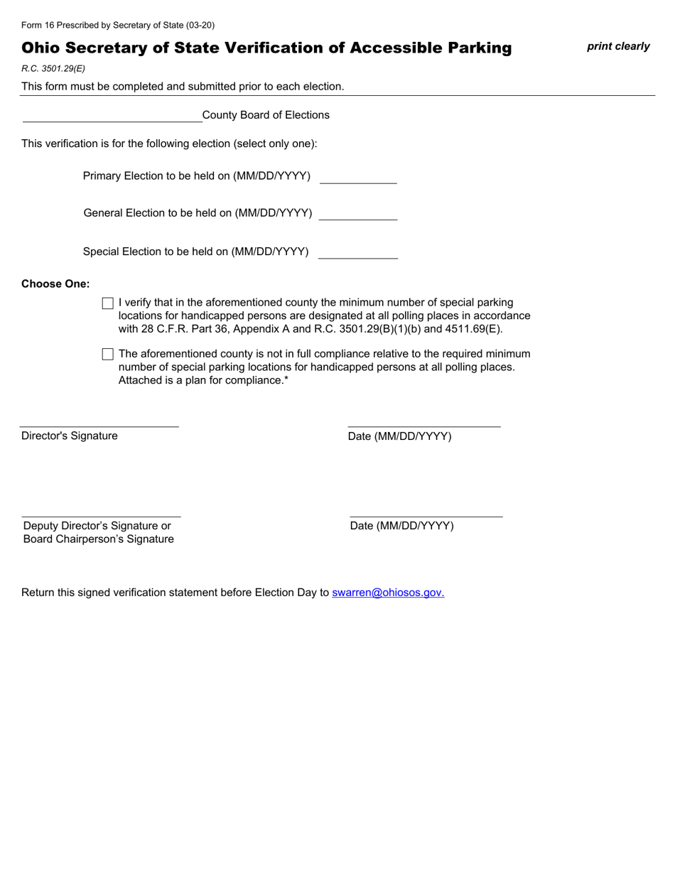 Form 16 Ohio Secretary of State Verification of Accessible Parking - Ohio, Page 1