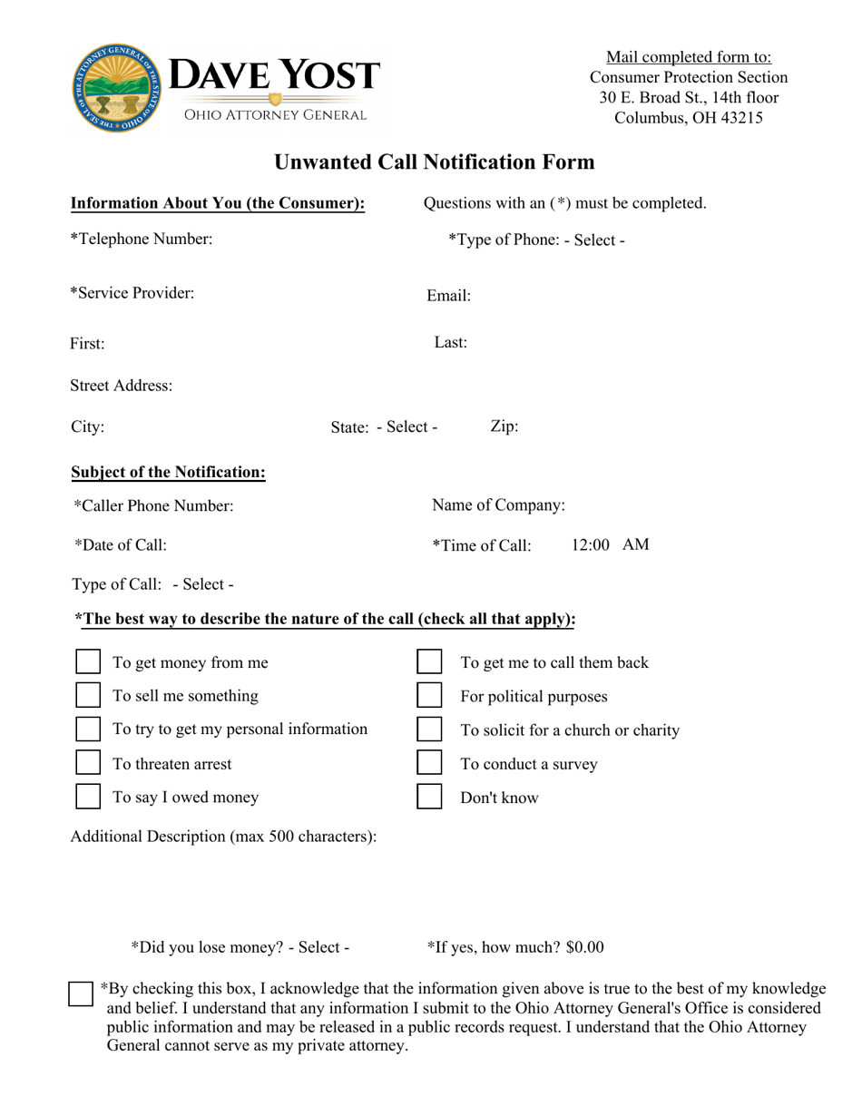 Unwanted Call Notification Form - Ohio, Page 1
