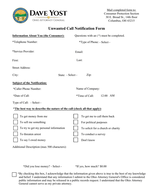 Unwanted Call Notification Form - Ohio Download Pdf
