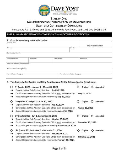 Non-participating Tobacco Product Manufacturer Quarterly Certificate of Compliance - Ohio Download Pdf