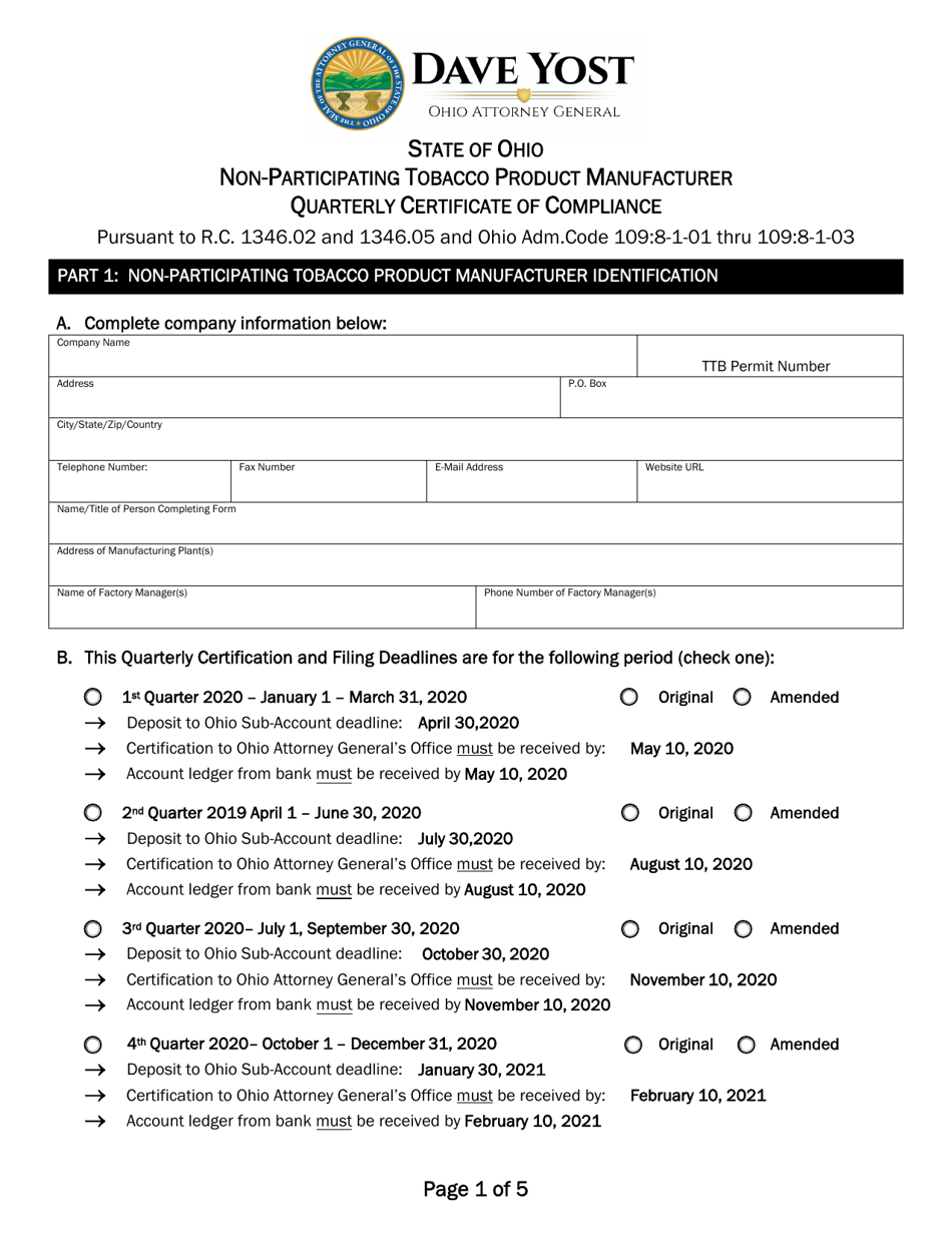 Non-participating Tobacco Product Manufacturer Quarterly Certificate of Compliance - Ohio, Page 1