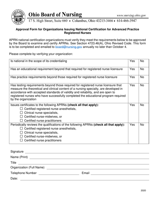 Approval Form for Organization Issuing National Certification for Advanced Practice Registered Nurses - Ohio