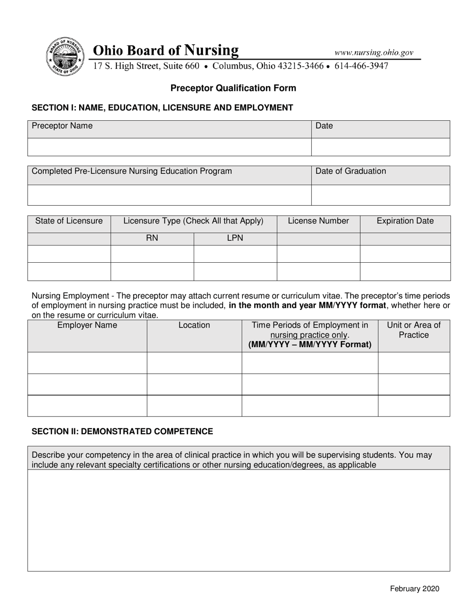 Preceptor Qualification Form - Ohio, Page 1