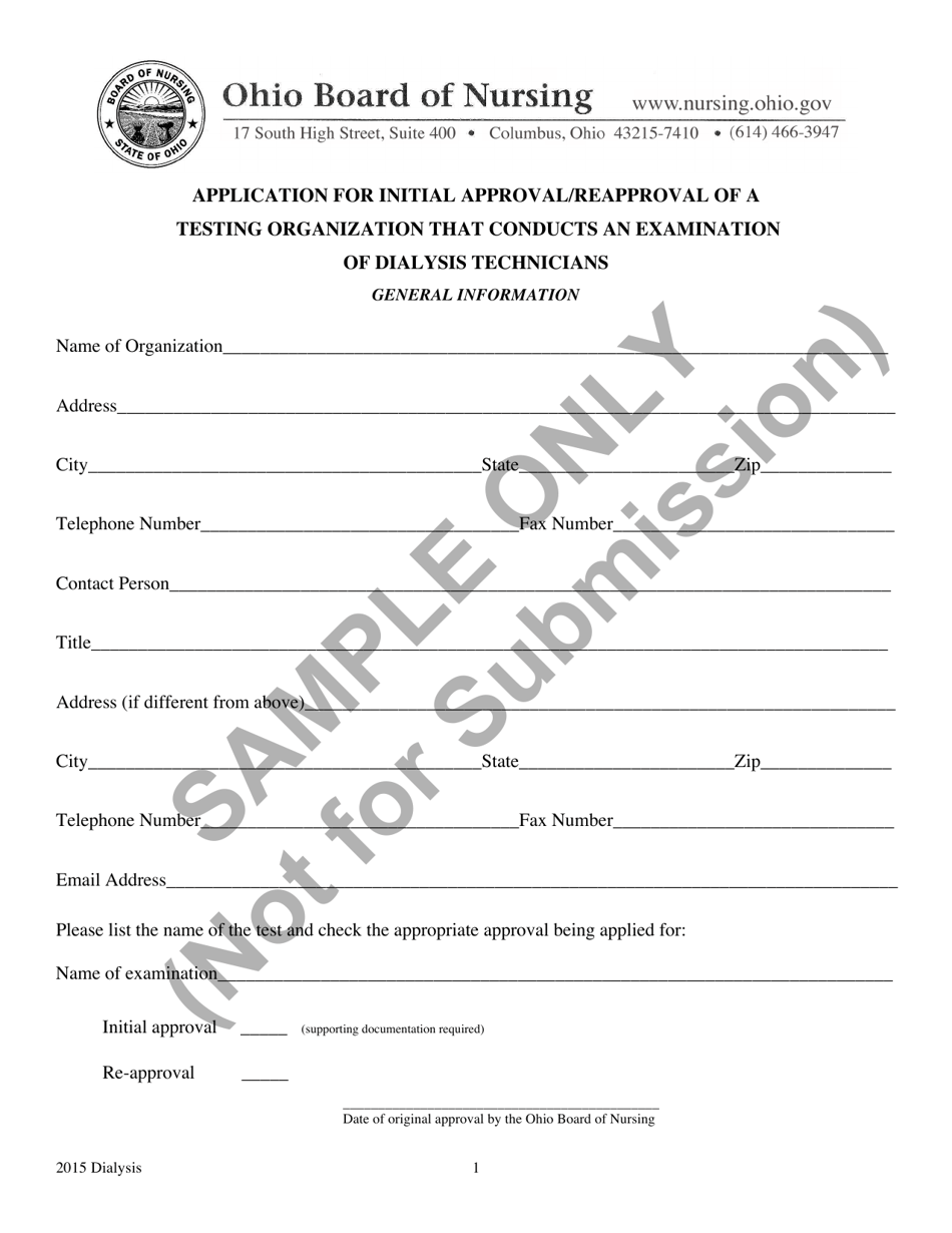 Application for Initial Approval / Reapproval of a Testing Organization That Conducts an Examination of Dialysis Technicians - Ohio, Page 1