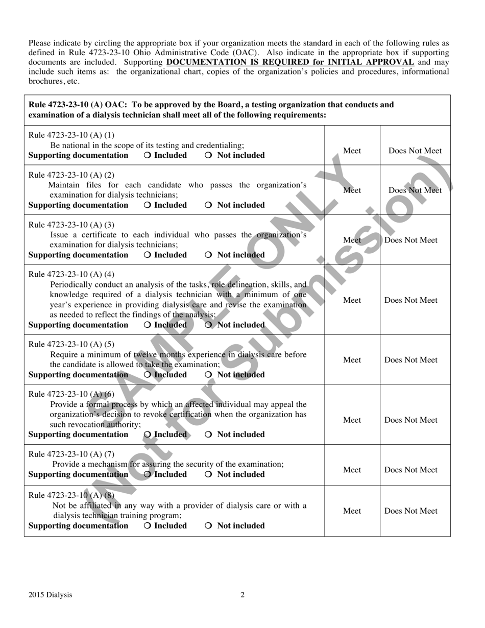Application for Initial Approval / Reapproval of a Testing Organization That Conducts an Examination of Dialysis Technicians - Ohio, Page 2