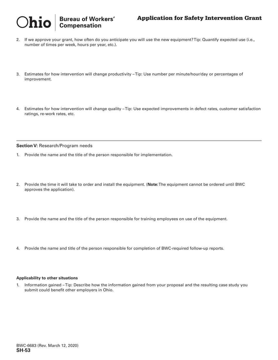 Form SH-53 (BWC-6683) Application for Safety Intervention Grant - Ohio, Page 5