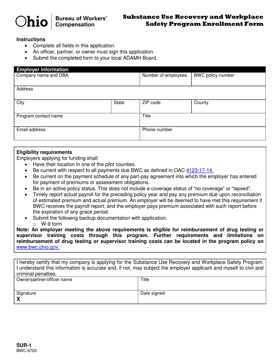 Form SUR-1 (BWC-6720) Substance Use Recovery and Workplace Safety Program Enrollment Form - Ohio, Page 1