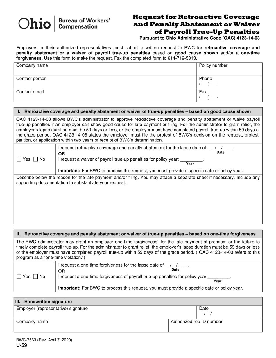 Form U-59 (BWC-7563) Request for Retroactive Coverage and Penalty Abatement or Waiver of Payroll True-Up Penalties - Ohio, Page 1