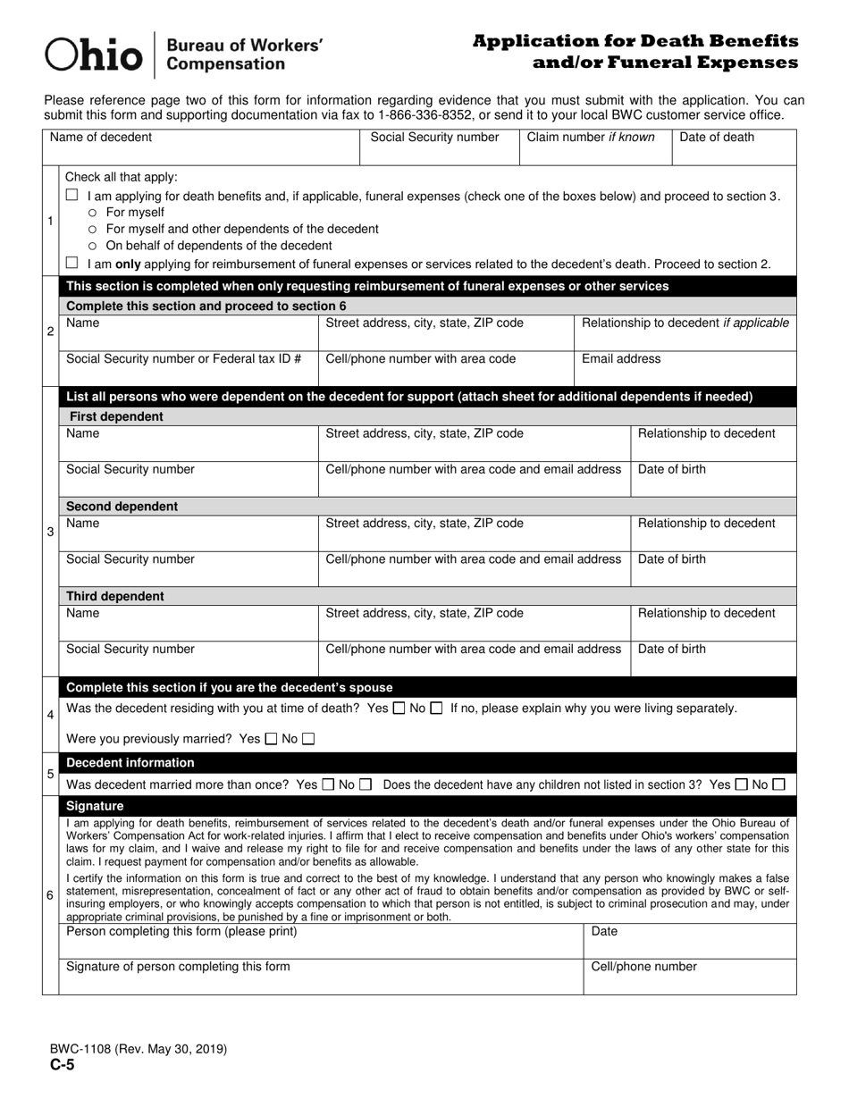 Form C-5 (BWC-1108) Application for Death Benefits and / or Funeral Expenses - Ohio, Page 1