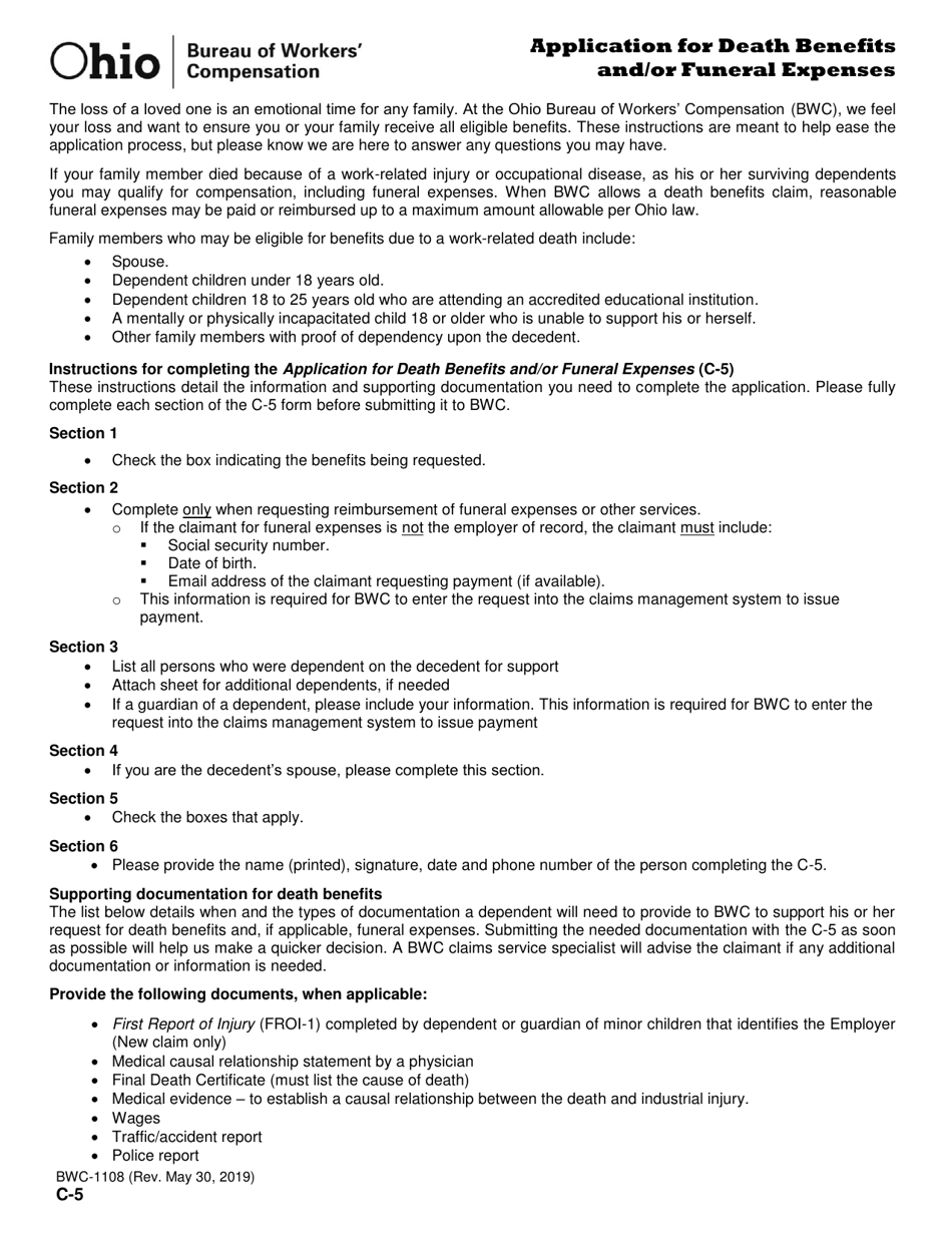 Form C-5 (BWC-1108) Application for Death Benefits and / or Funeral Expenses - Ohio, Page 2