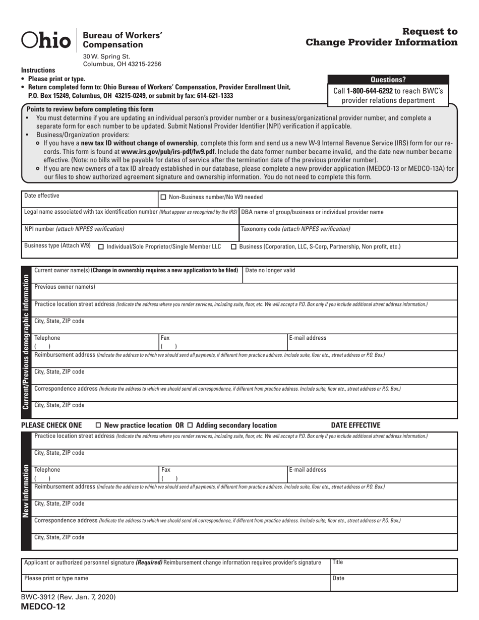 Form MEDCO-12 (BWC-3912) Request to Change Provider Information - Ohio, Page 1