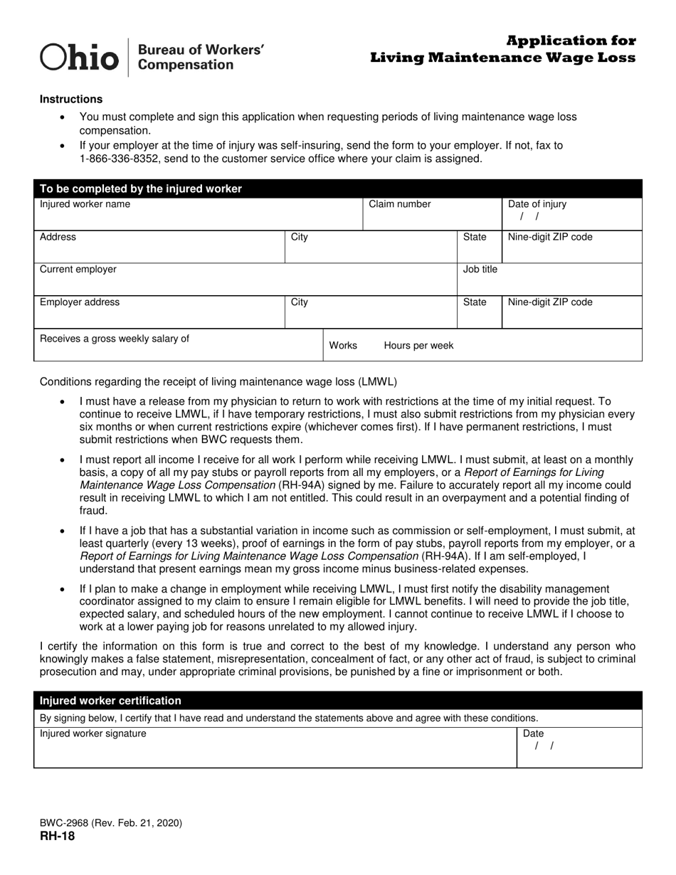 Form RH-18 (BWC-2968) Application for Living Maintenance Wage Loss - Ohio, Page 1