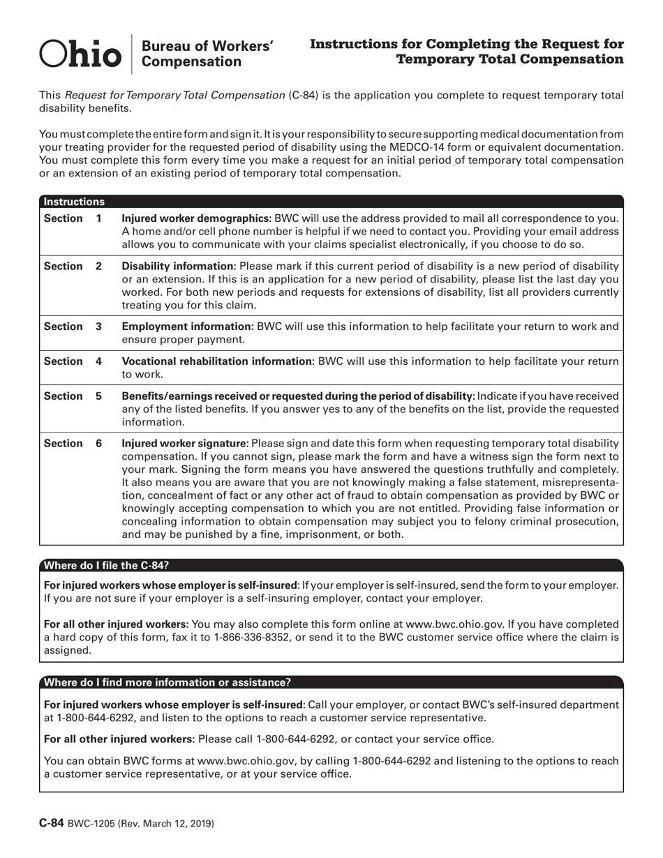 Form C-84 (BWC-1205) Request for Temporary Total Compensation - Ohio, Page 1