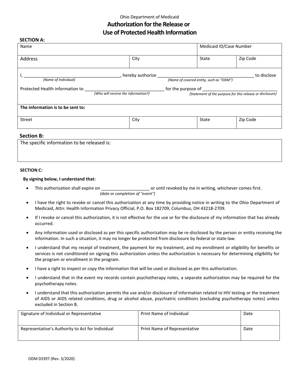 Form ODM03397 Authorization for the Release or Use of Protected Health Information - Ohio, Page 1