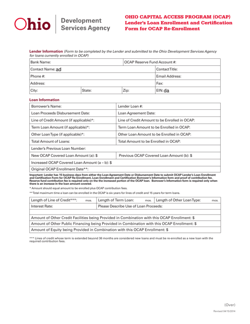 Lender's Loan Enrollment and Certification Form for Ocap Re-enrollment - Ohio Download Pdf