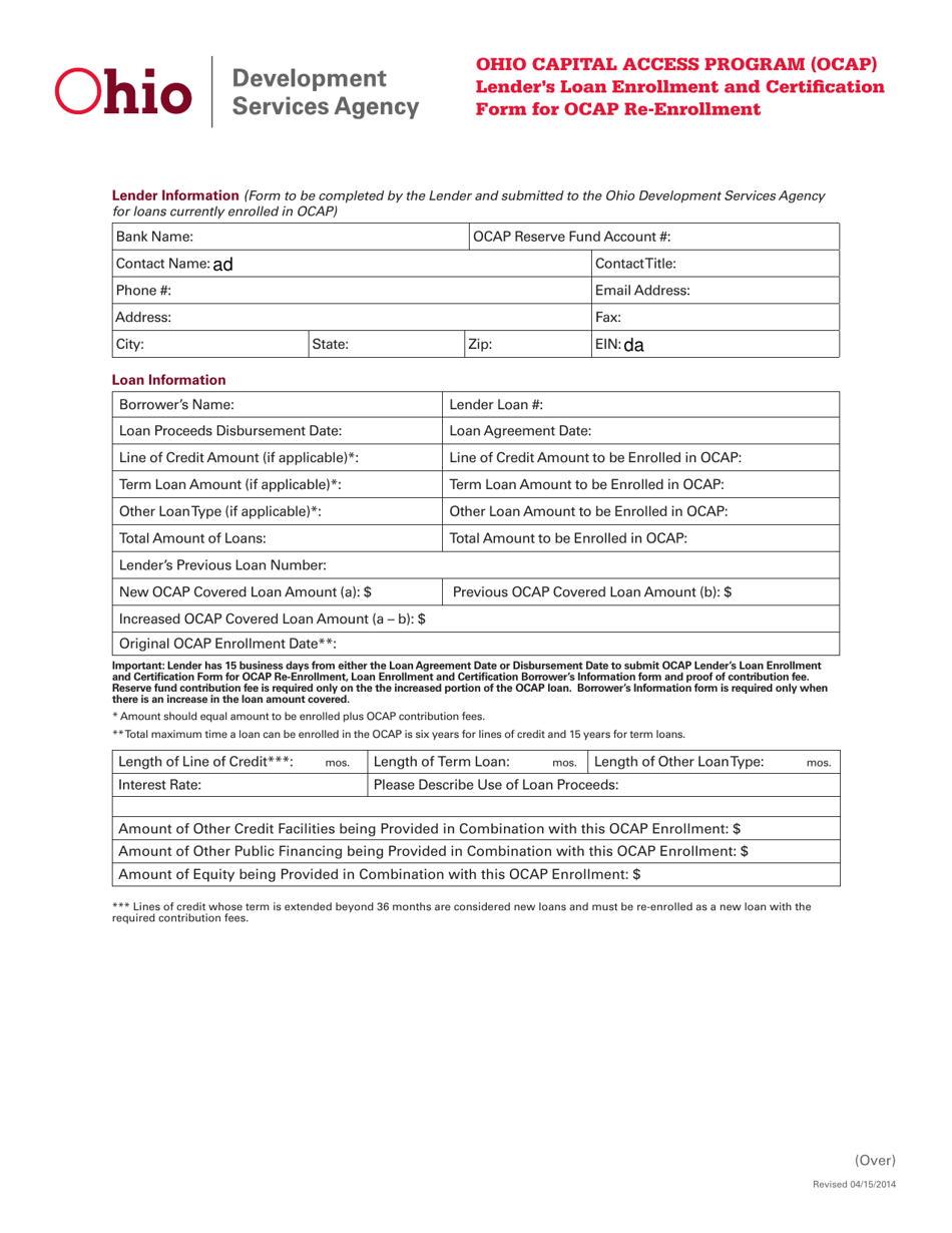 Lenders Loan Enrollment and Certification Form for Ocap Re-enrollment - Ohio, Page 1