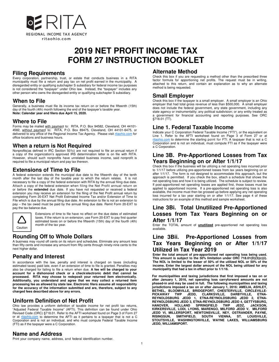 Instructions for Form 27 Net Profit Tax Return - Ohio, Page 1