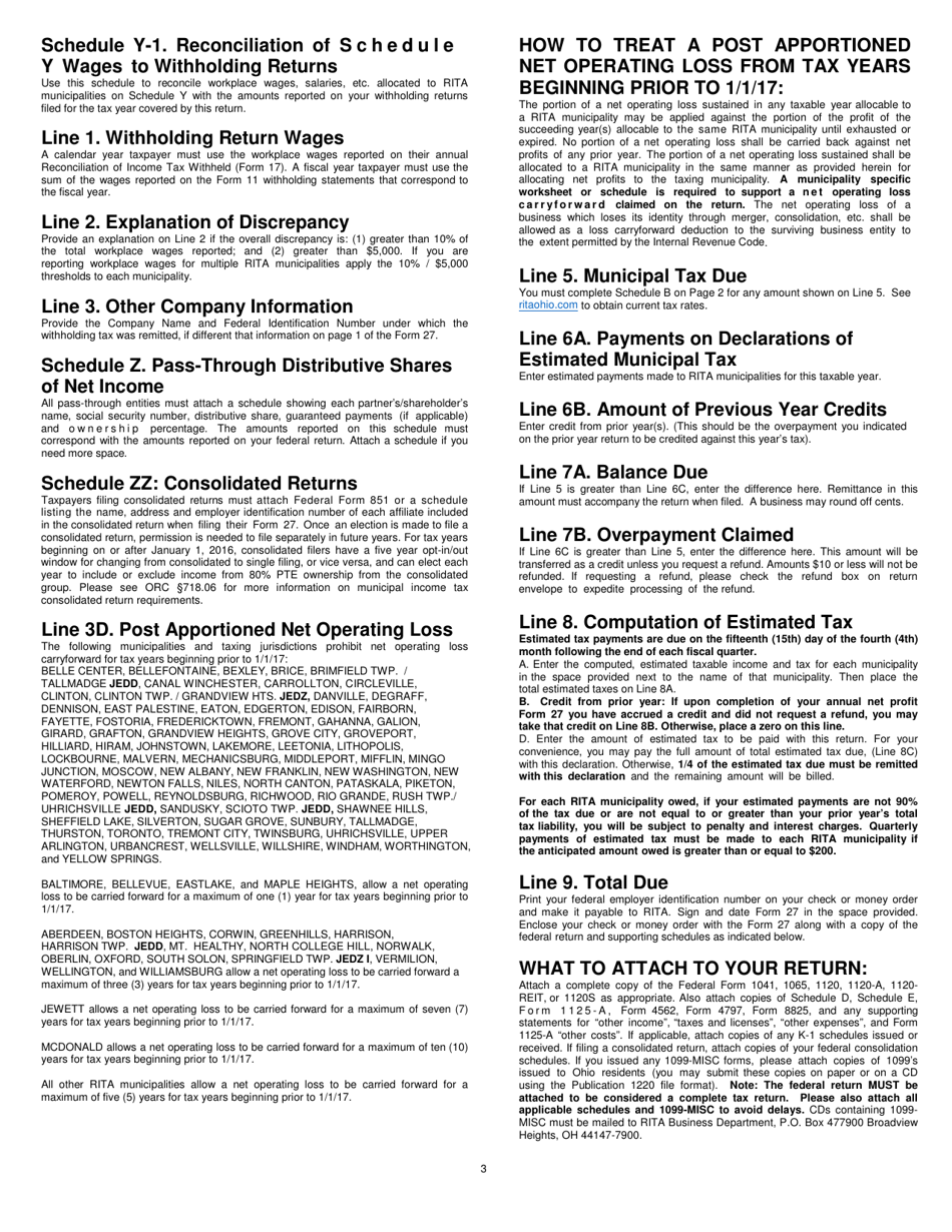 Instructions for Form 27 Net Profit Tax Return - Ohio, Page 3