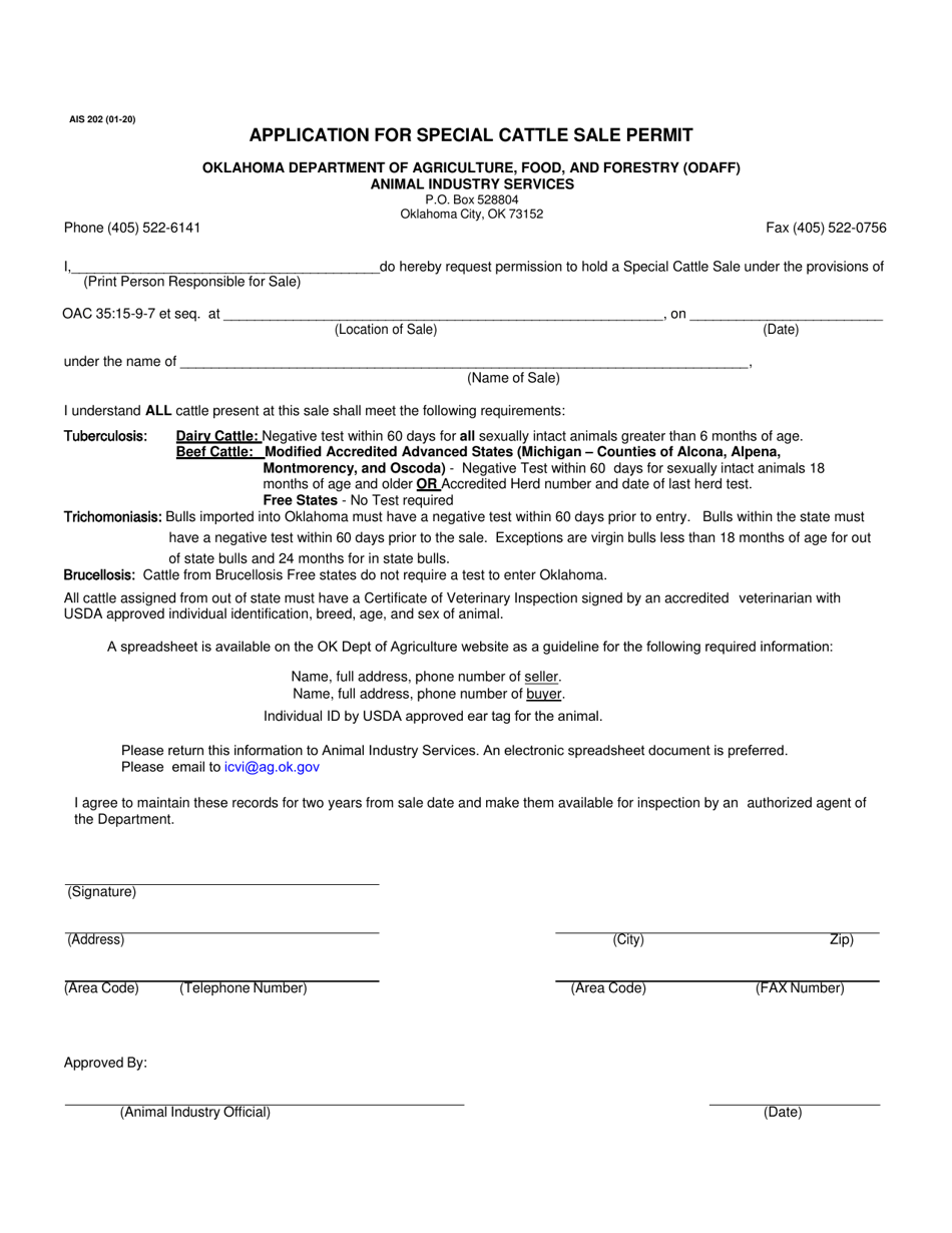 Form AIS202 Application for Special Cattle Sale Permit - Oklahoma, Page 1