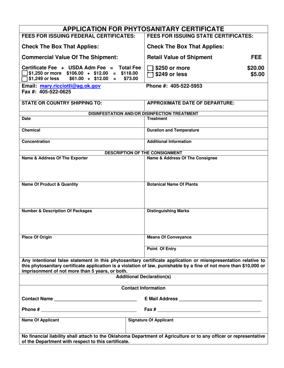 Oklahoma Application for Phytosanitary Certificate  Fill Out, Sign