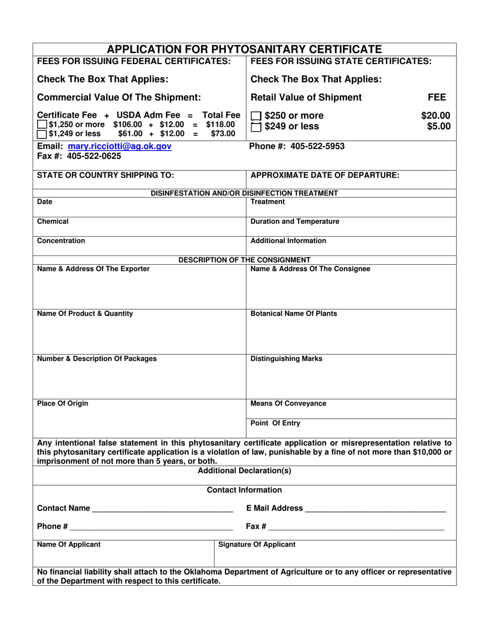 Application for Phytosanitary Certificate - Oklahoma, Page 1