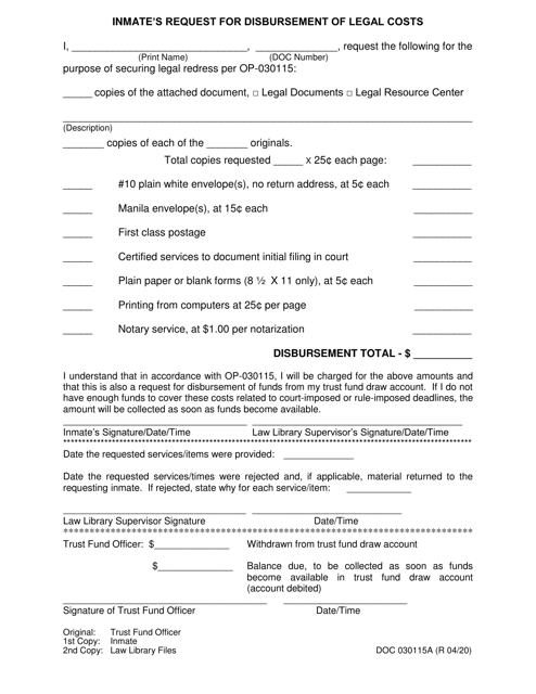 Form OP-030115A Inmate's Request for Disbursement of Legal Costs - Oklahoma