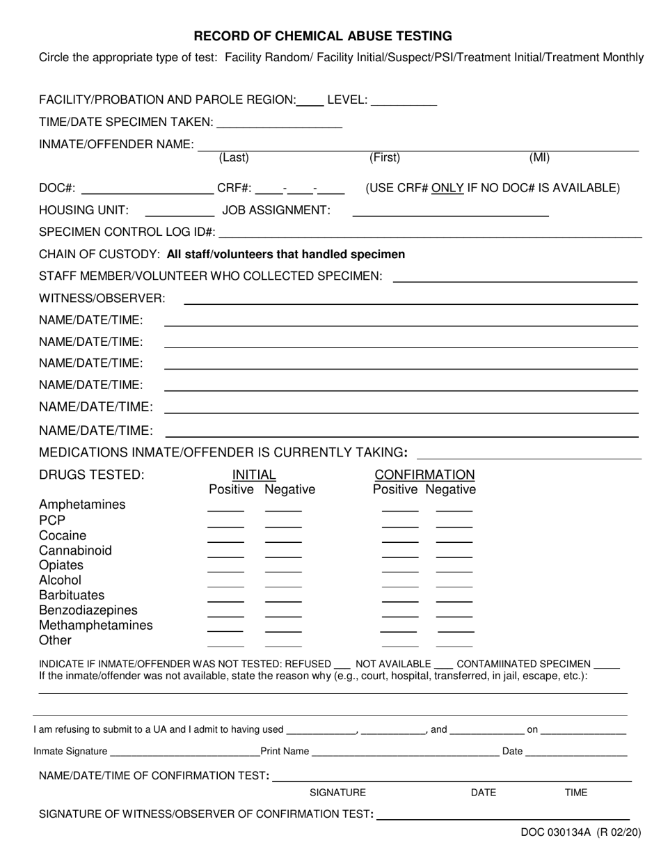 Form OP-030134A Record of Chemical Abuse Testing - Oklahoma, Page 1