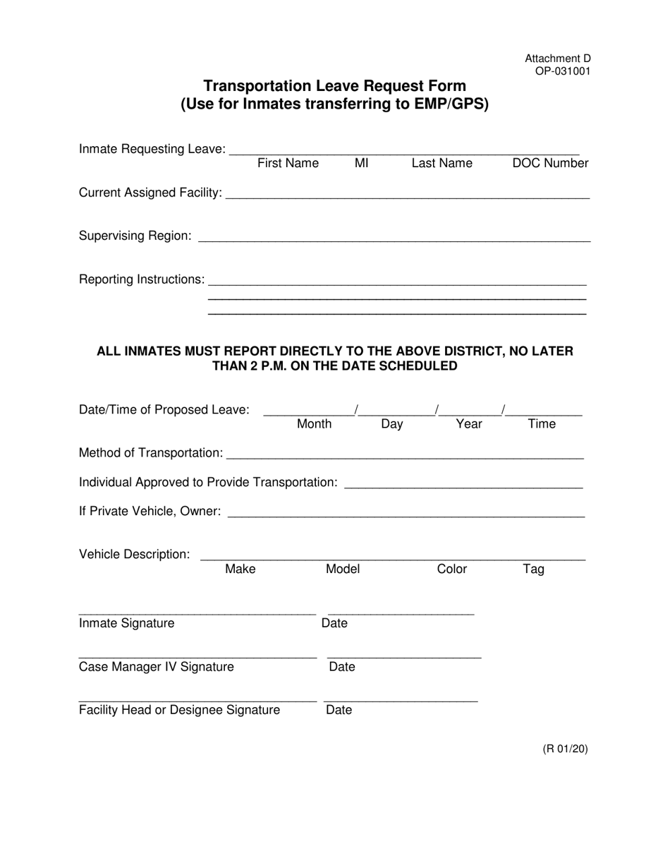 Form OP-031001 Attachment D Transportation Leave Request Form - Oklahoma, Page 1