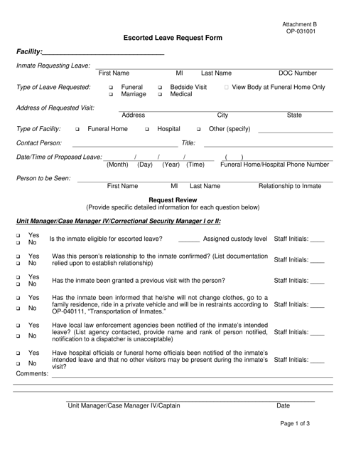 Form OP-031001 Attachment B Escorted Leave Request Form - Oklahoma