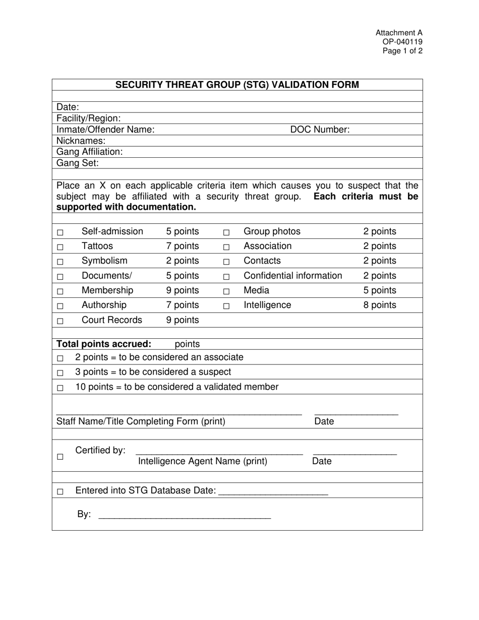 Form OP-040119 Attachment A Security Threat Group (Stg) Validation Form - Oklahoma, Page 1