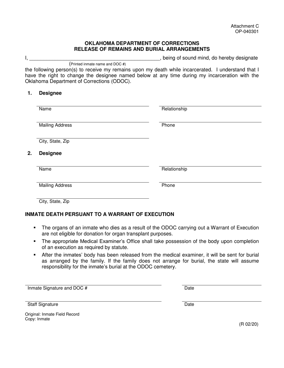 Form OP-040301 Attachment C Release of Remains and Burial Arrangements - Oklahoma, Page 1