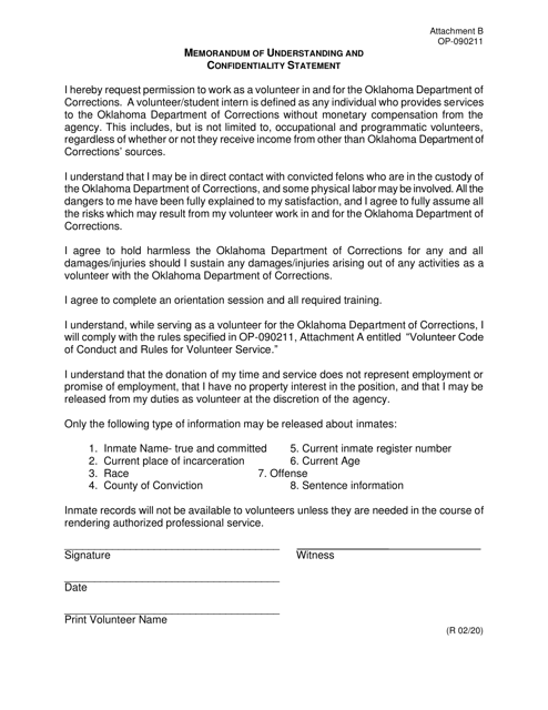 Form OP-090211 Attachment B Memorandum of Understanding and Confidentiality Statement - Oklahoma