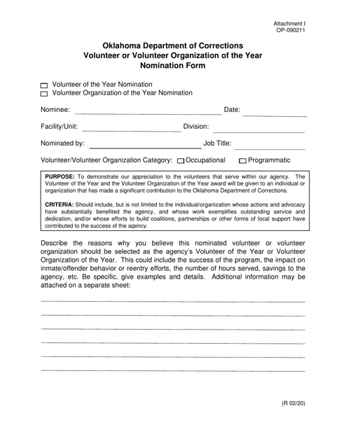 Document preview: Form OP-090211 Attachment I Volunteer or Volunteer Organization of the Year Nomination Form - Oklahoma