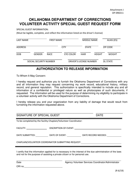 Form OP-090211 Attachment J Volunteer Activity Special Guest Request Form - Oklahoma