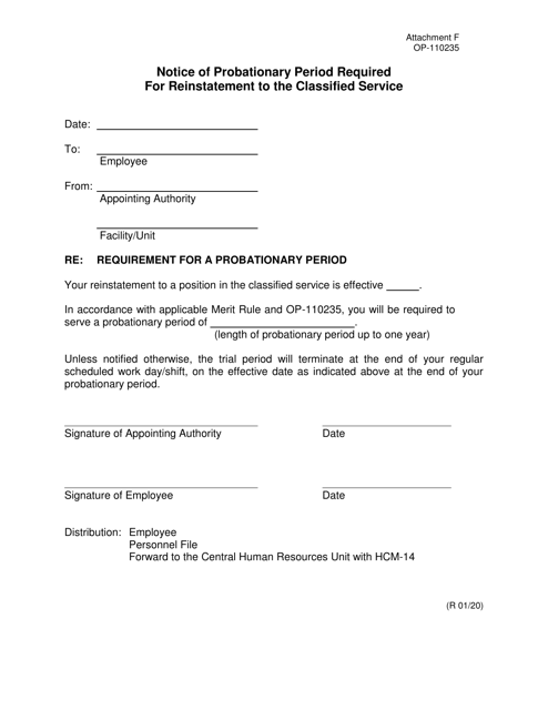 Form OP-110235 Attachment F Notice of Probationary Period Required for Reinstatement to the Classified Service - Oklahoma