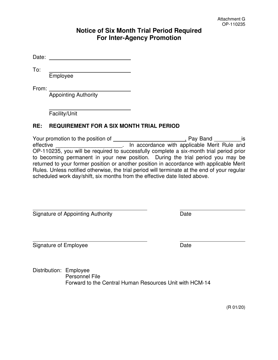 Form OP-110235 Attachment G Notice of Six Month Trial Period Required for Inter-Agency Promotion - Oklahoma, Page 1