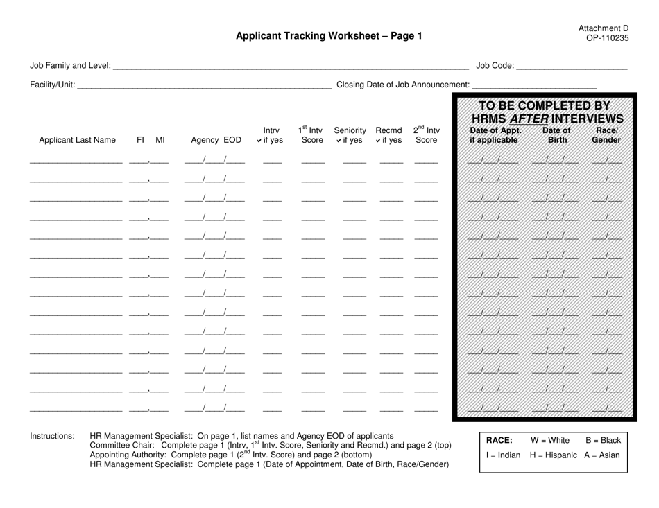 Form OP-110235 Attachment D Applicant Tracking Worksheet - Oklahoma, Page 1
