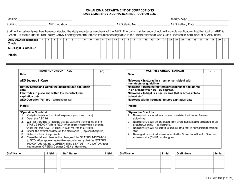 Form OP-140118A Daily/Monthly Aed/Narcan Inspection Log - Oklahoma
