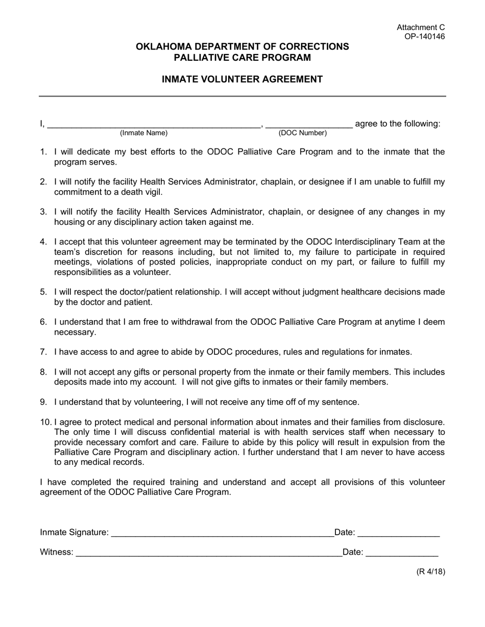 Form OP-140146 Attachment C Inmate Volunteer Agreement - Oklahoma, Page 1