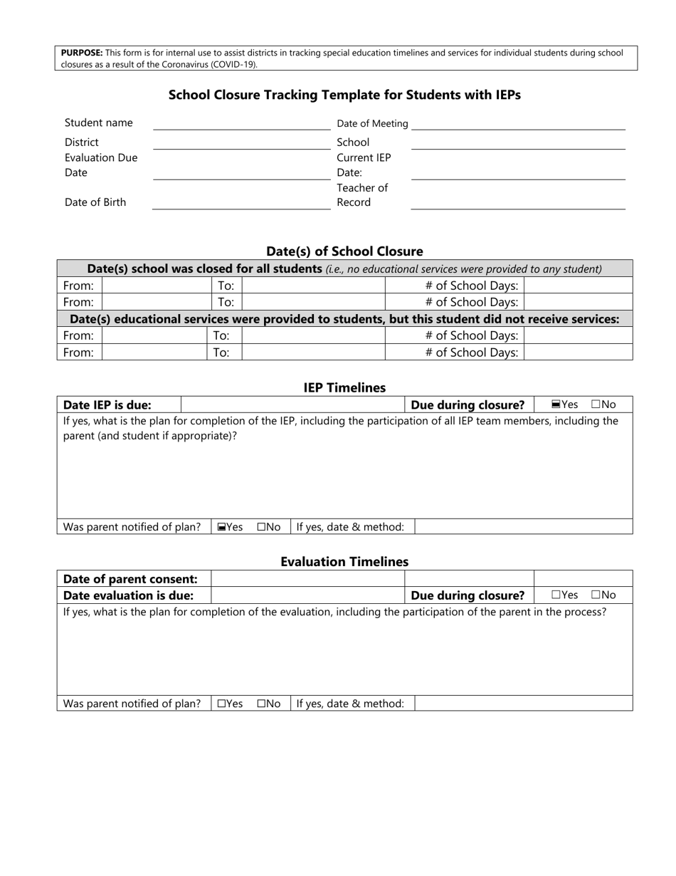 School Closure Tracking Template for Students With Ieps - Washington, Page 1